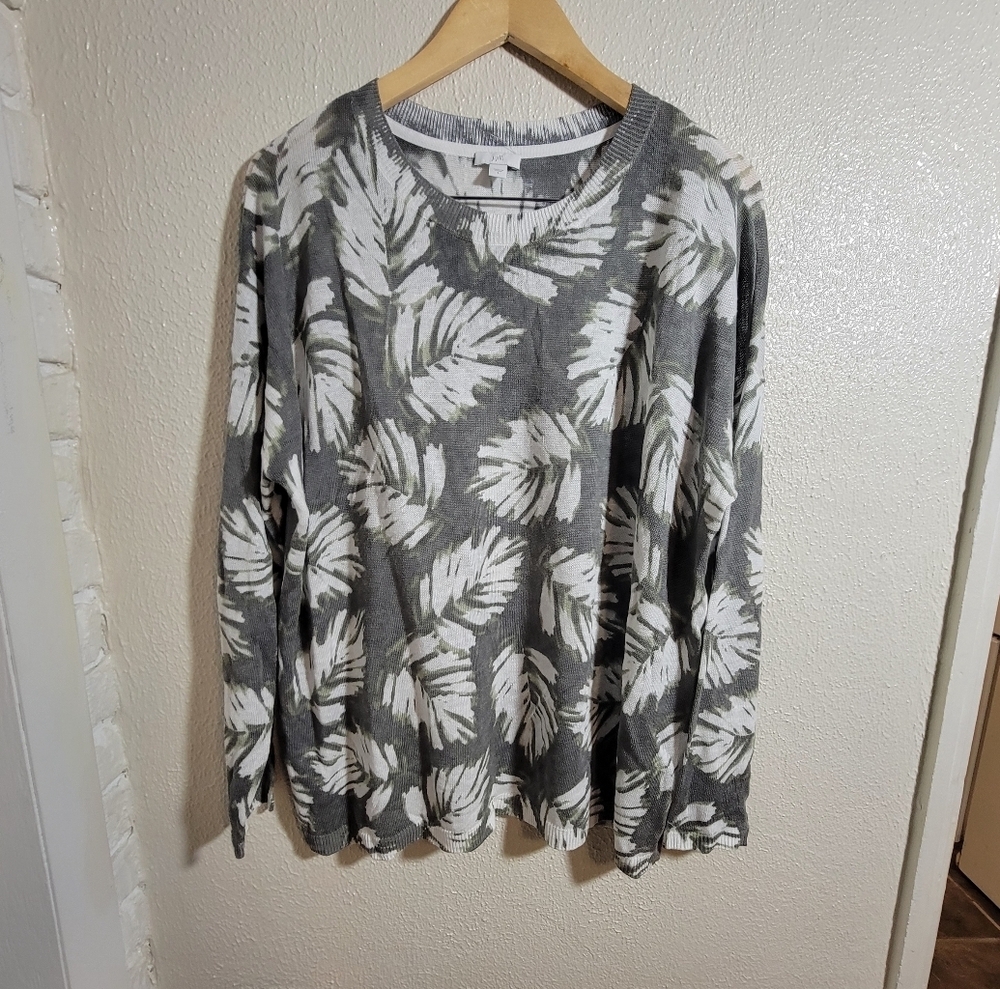 J Jill Linen Modal Palm Print Boxy Beach Sweater sz L Sage Green Coastal Nature